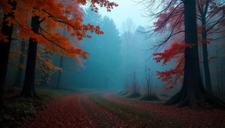 Mystical autumn forest with vibrant foliage and foggy backdrop