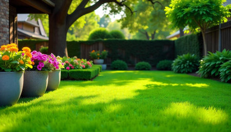 Lush Green Garden with Flowers in Pots Landscape Designの写真素材