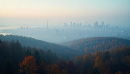 City skyline shrouded in mist viewed from autumn forestの写真素材