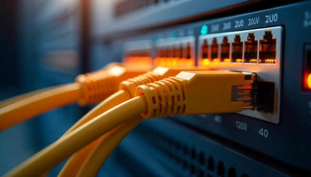 Network cables plugged into a server hub for connection