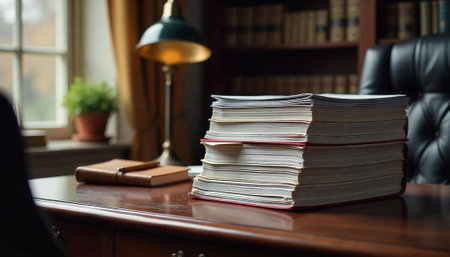 Legal paperwork stacks on wooden desk in law officeの写真素材