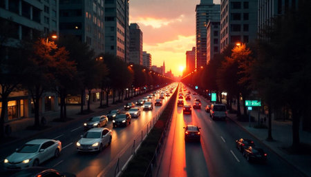 Urban traffic at sunset with vibrant orange glowの写真素材