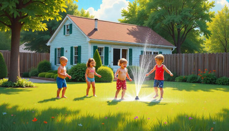 Kids playing sprinkler in sunlit yard near house