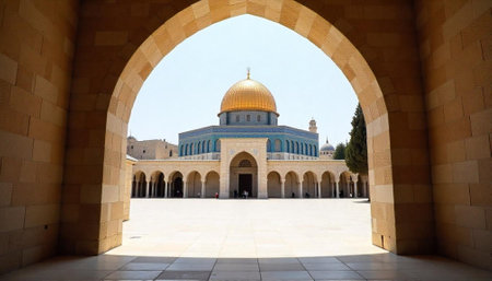 The Dome of the Rock Framed by Stone Archwayの写真素材