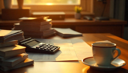 Desk scene with calculator documents and coffee in warm light
