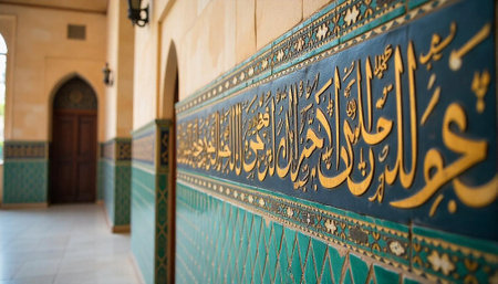 Intricate Islamic calligraphy adorns a mosque corridor wallの写真素材