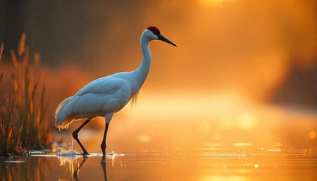 Elegant Whooping Crane wades through golden light in wetlandの写真素材