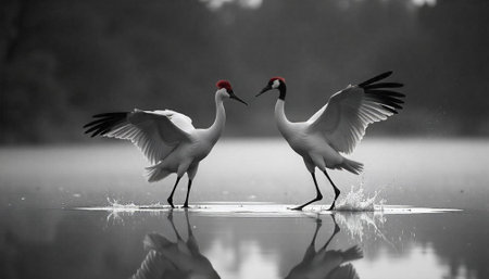 Pair of cranes wading in water, monochrome scenic imageの写真素材