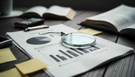 Analyzing financial data with charts, graphs, and magnifying glass