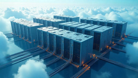 Futuristic server farm in the clouds for cloud computing