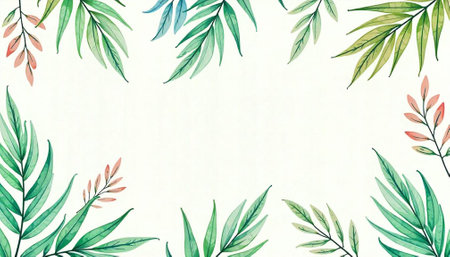 Watercolor tropical leaves frame, blank space for text overlayの写真素材