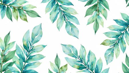 Watercolor leaf pattern with fresh greenery on white background