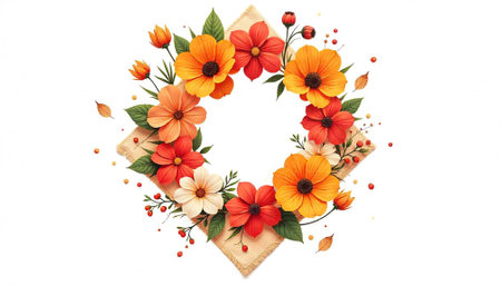 Floral frame with red and orange flowers on whiteの写真素材