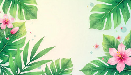 Tropical floral design with monstera leaves and hibiscus flowers