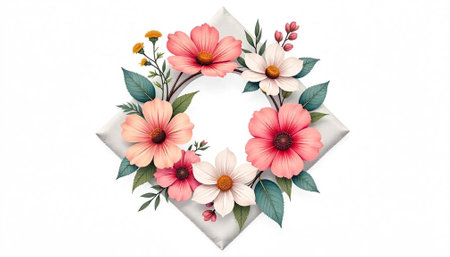 Floral frame with colorful blossoms and a white backgroundの写真素材