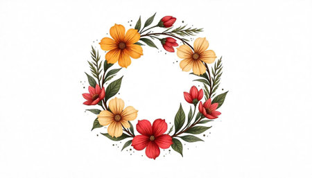 Watercolor Floral Wreath with Yellow and Red Flowers
