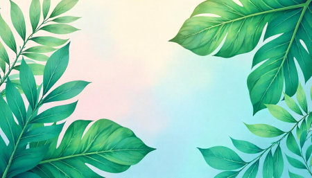 Tropical leaves on pastel background creates a nature frameの写真素材