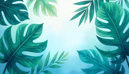 Tropical foliage illustration with lush green leaves around borderの写真素材