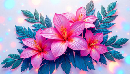 Floral arrangement of pink hibiscus blossoms and teal leavesの写真素材