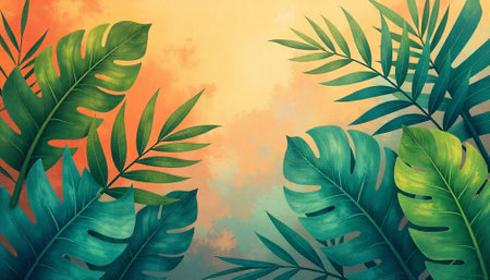 Tropical foliage on orange background art, modern botanical illustration