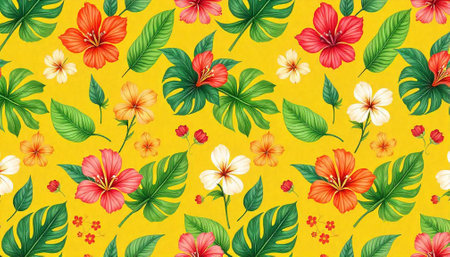 Tropical flower and leaf seamless pattern on yellow background