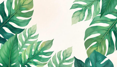 Tropical monstera leaf frame with empty space watercolor styleの写真素材