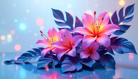Luminous pink lilies with blue foliage and bokeh lights