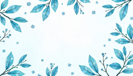 Delicate blue floral frame with leaves and tiny flowersの写真素材