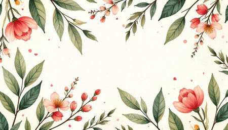 Floral watercolor frame with pink blossoms and green leavesの写真素材