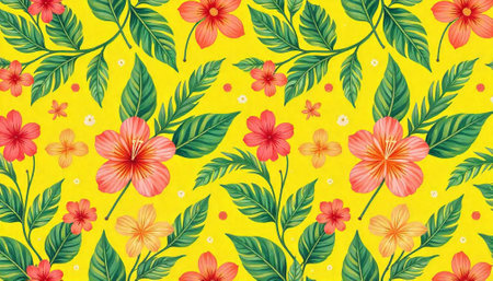 Vibrant floral pattern with hibiscus flowers and tropical leaves