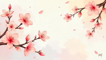 Elegant cherry blossom branches with falling petals illustration backgroundの写真素材