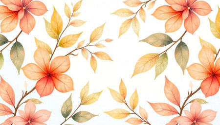 Watercolor Floral Pattern Featuring Peach Flowers and Golden Leavesの写真素材