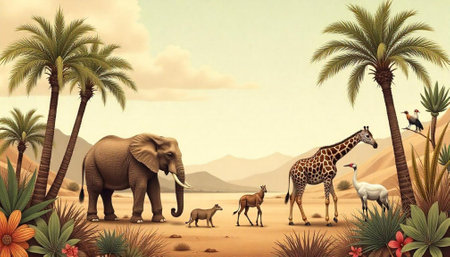 African animals in the savannah with an illustrative design styleの写真素材