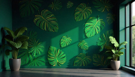 Tropical green wall and plants create tranquil interior sceneの写真素材