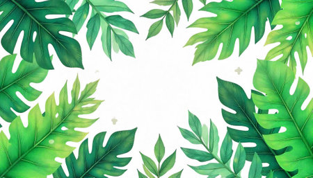 Vibrant green tropical leaves frame on white background imageの写真素材