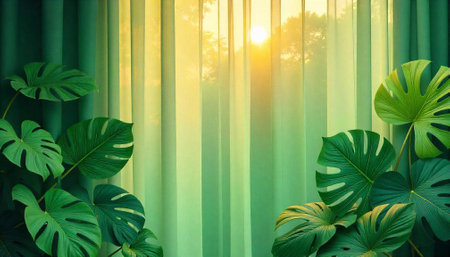 Monstera leaves against a textured green curtain with sunlightの写真素材