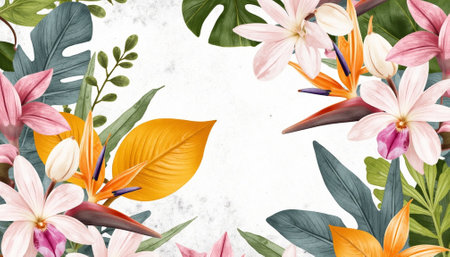 Elegant floral design with tropical leaves and orchid flowersの写真素材