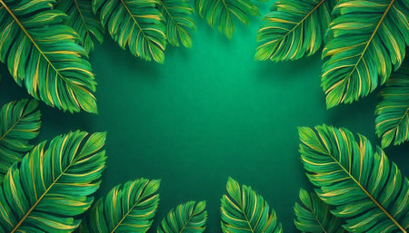 Tropical Green Leaves Frame on Dark Green Background