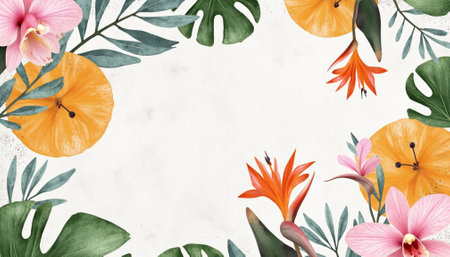 Tropical flower and leaf frame illustration with a white backgroundの写真素材