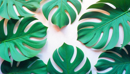 Monstera deliciosa leaves arrangement on white textured background