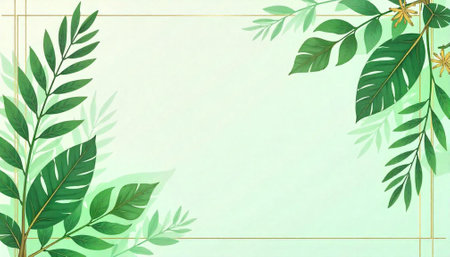 Tropical leaves and gold frame invitation design backgroundの写真素材