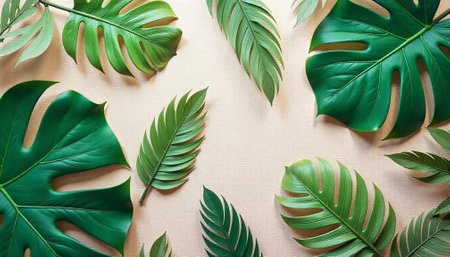 Lush green tropical leaves on neutral linen background texture