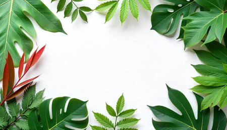 Tropical leaves frame on white background for summer design