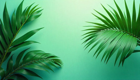 Green palm fronds on light green backdrop, tropical feelの写真素材