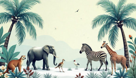 Watercolor illustration of African wildlife in a tropical settingの写真素材