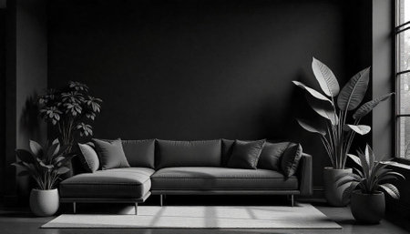 Monochromatic living room interior with couch and potted plants