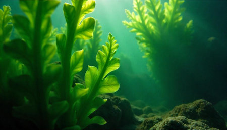 Underwater seaweed illuminated by sunlight cascading into the water