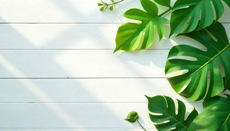 Monstera leaves on white wood background with sunlightの写真素材