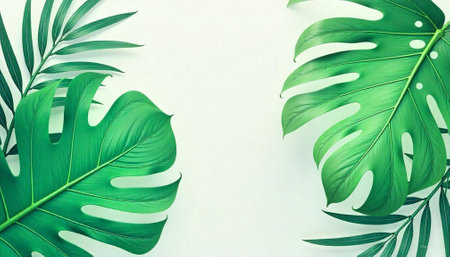 Tropical green leaves on light background, summer foliage patternの写真素材