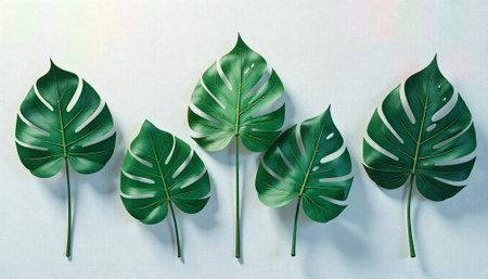 Five Monstera leaves against clean background create tropical atmosphere